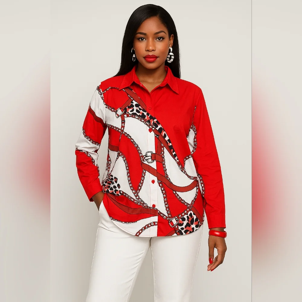 Red and White Women's Patterned Top - Picture 2 of 4